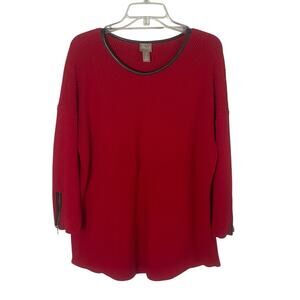 Chico's Classic Red Ribbed Knit Sweater Gold Zipper Accent on Sleeve Size 3 - XL